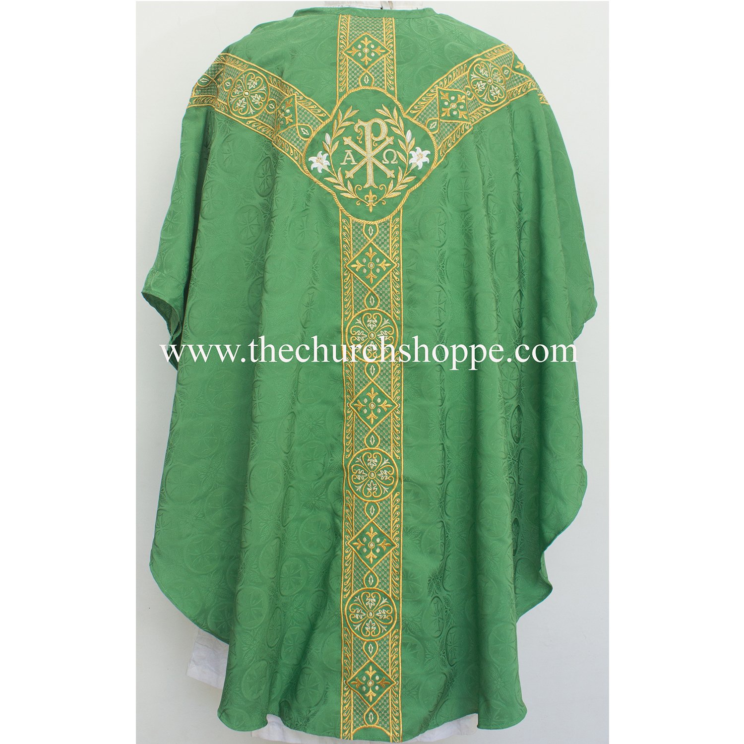 GVS_M7C_F28G_IHS_SS GREEN GOTHIC VESTMENT WITH IHS EMBROIDERY - Image 1