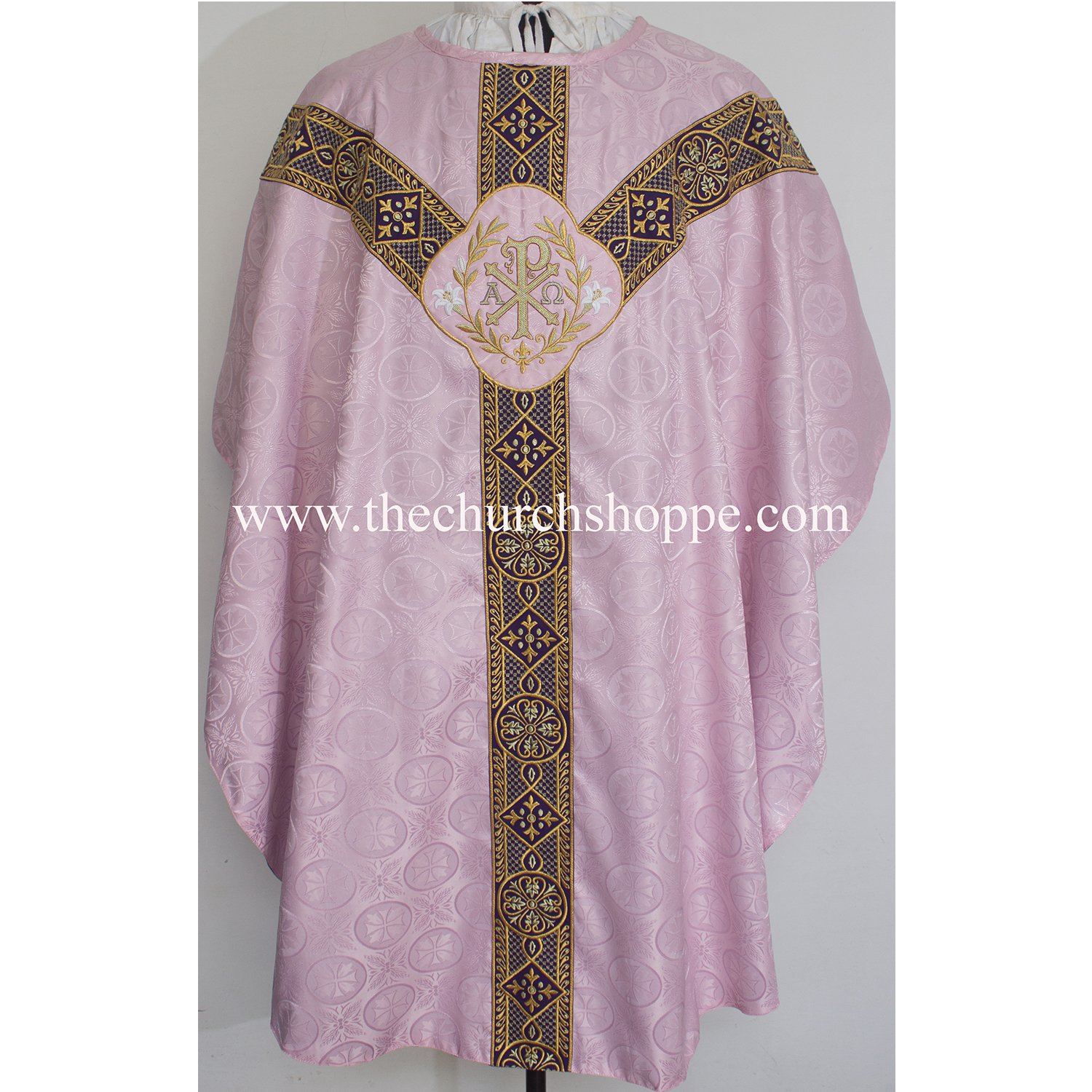 GVS_M7C_F28LR_V_PX_SS LIGHT ROSE GOTHIC VESTMENT WITH PAX EMBROIDERY - Image 1