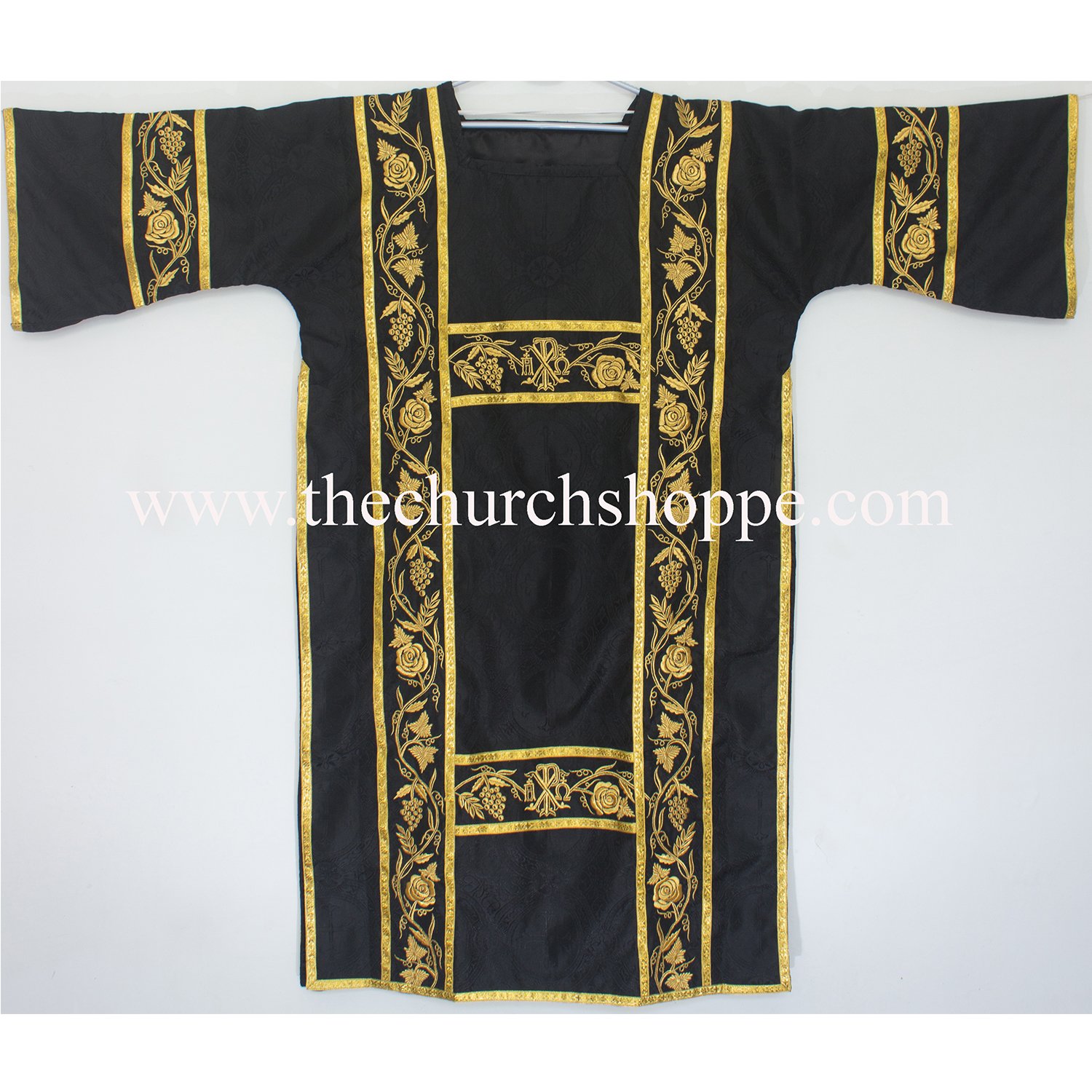 JDVS_M8_F1BLK_PX_S BLACK GOTHIC DALMATIC VESTMENT WITH DEACON’S STOLE AND MANIPLE - Image 1