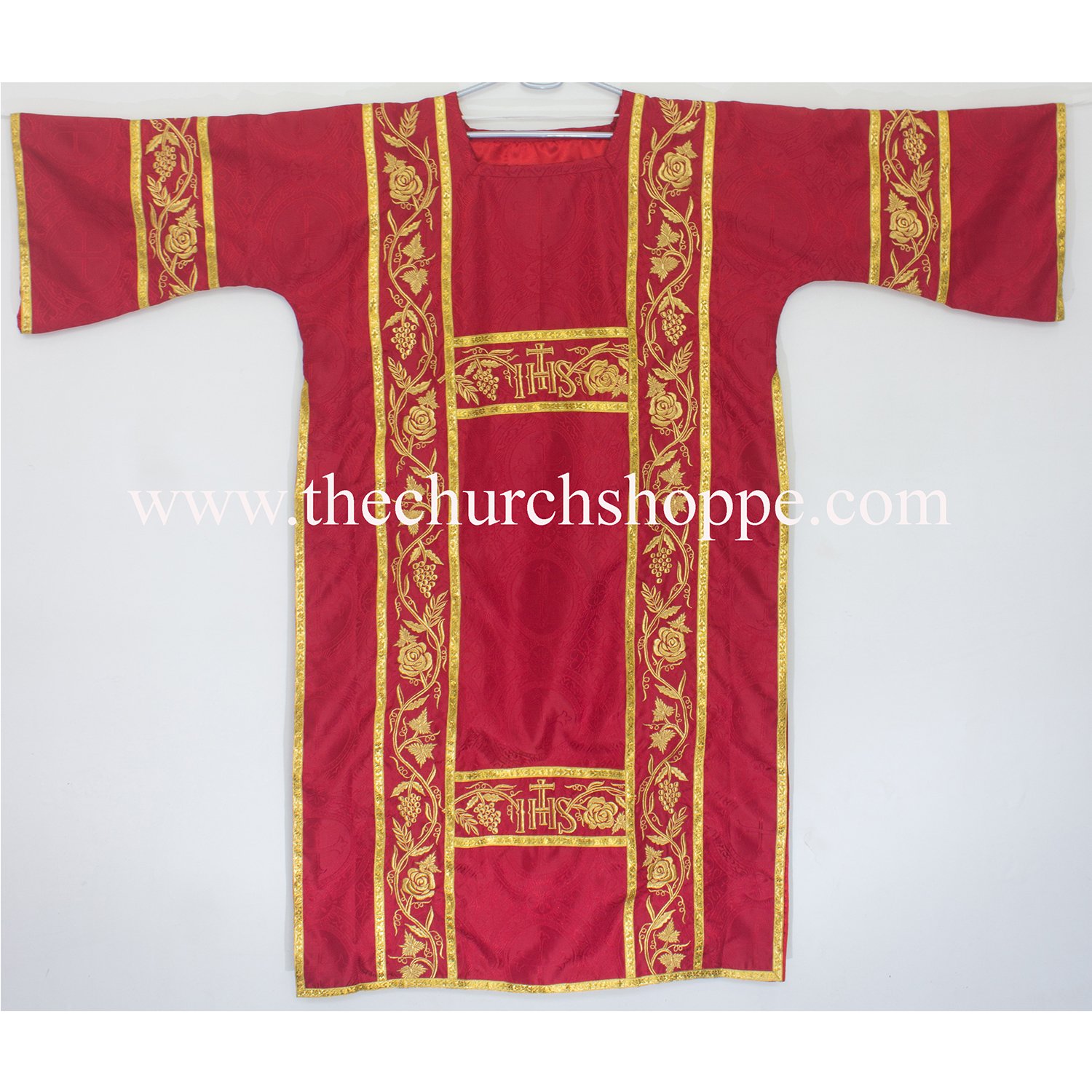 JDVS_M8_F1R_IHS_S RED GOTHIC DALMATIC VESTMENT WITH DEACON’S STOLE AND MANIPLE - Image 1